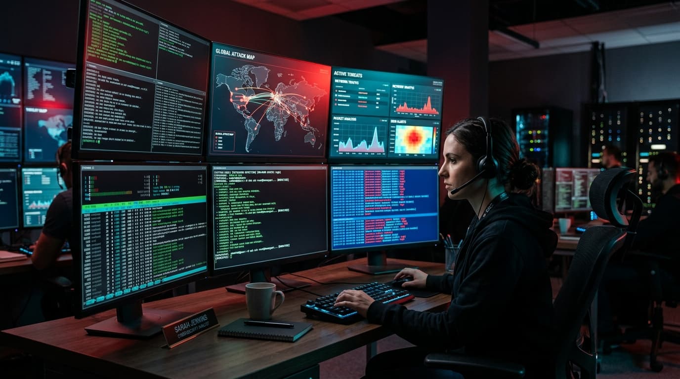 Cyber Security analyst examining threat monitors