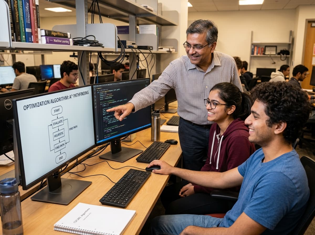 Faculty mentor explaining algorithm to students